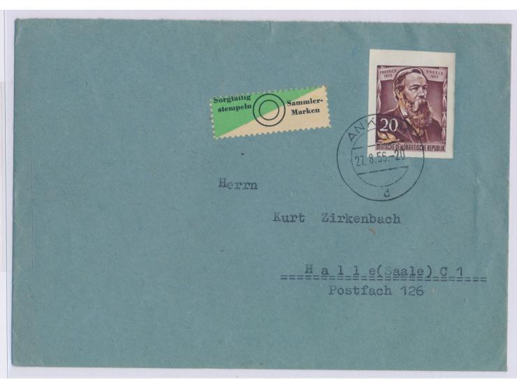 Einzelfrankatur  Blockmarke 20 Pf. Engels  auf Brief mit Stempel Anklam 27.8.55 nach Halle, portorichtig
Postleitzahl: 173
