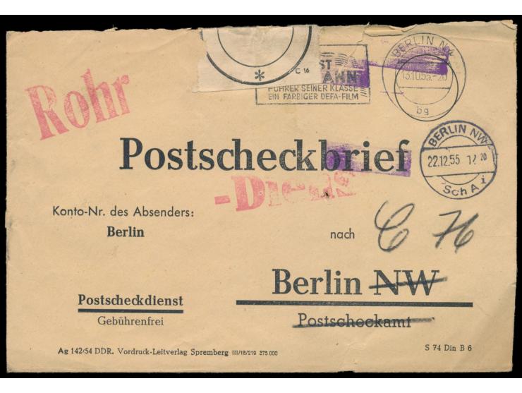 Postscheckbrief-Umschlag  an PSchA Berlin NW  mit Maschinenstempel Berlin N 4 13.10.55 und mit Überstempelung als Postscheck-