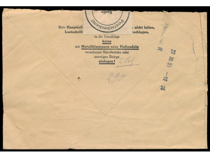 Postscheckbrief-Umschlag  an PSchA Berlin NW  mit Maschinenstempel Berlin N 4 13.10.55 und mit Überstempelung als Postscheck-
