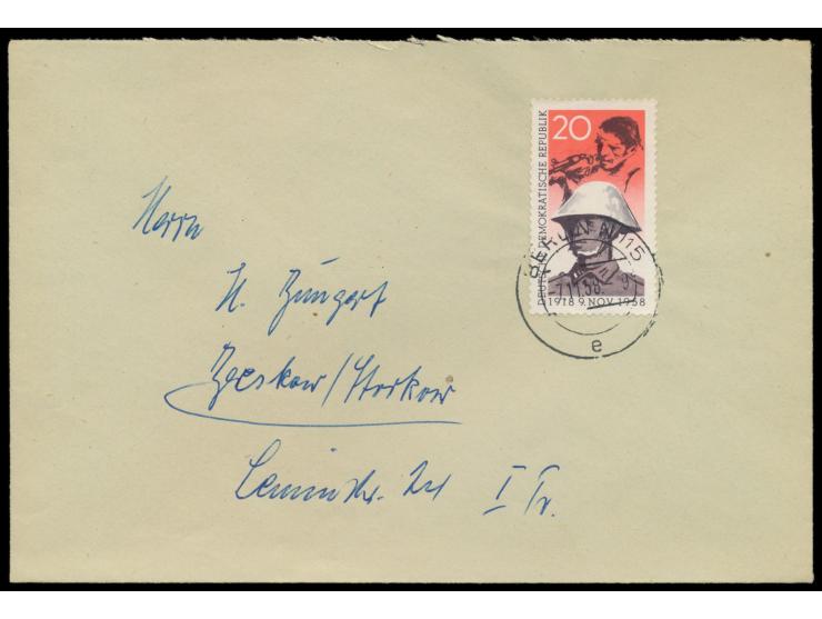 Einzelfrankatur 20 Pf.  "40. Jahrestag der Novemberrevolution"  auf Brief mit Stempel  Berlin N 115  7.11.58 nach Beeskow
