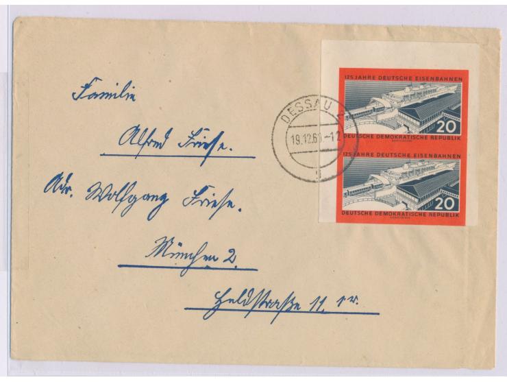 Paar 20 Pf. Eisenbahn  ungezähnt  auf Brief 2. Gewicht, Stempel Dessau 19.12.60, nach München, portorichtig, Bedarf
Postleitz
