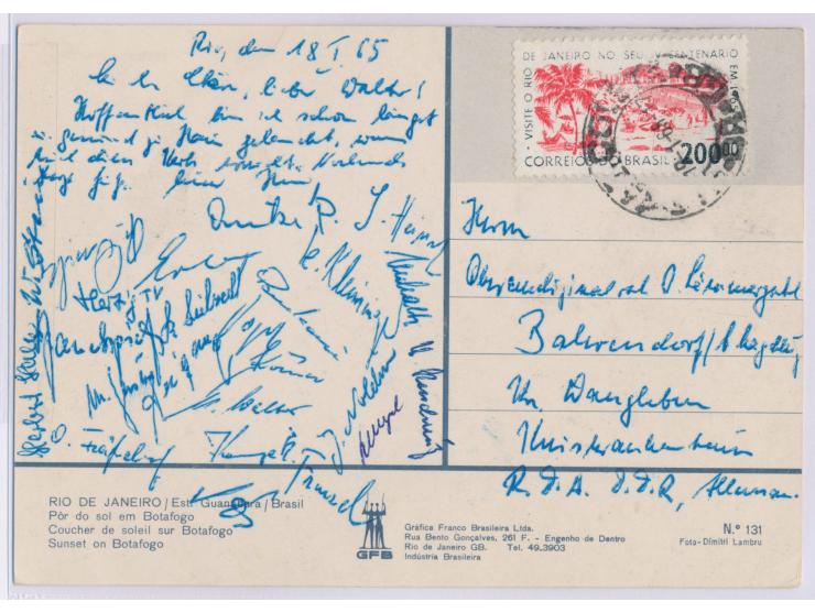 Ansichtskarte aus  Brasilien  mit 200.00 R. Stempel Rio 18.1.65 nach Wanzleben in der DDR, mit über 20 Unterschriften der DDR