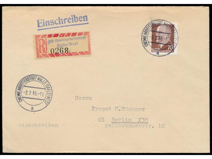 70 Pf. Ulbricht auf Einschreibbrief mit Stempel  Chemiearbeiterstadt Halle (Saale) West  2.7.65 nach Berlin, Blanko-R-Zettel 