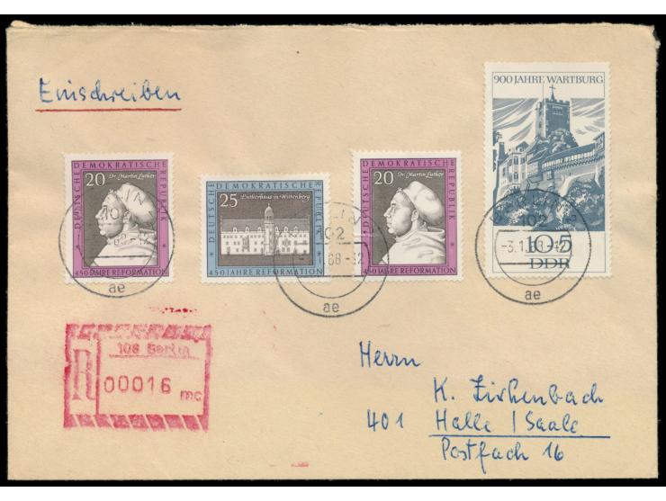 R-Brief mit Sondermarken-Mischfrankatur, Stempel  Berlin 102  3.1.68, roter  R-Automatenstempel 108 Berlin  mit UB mc (2. Ver