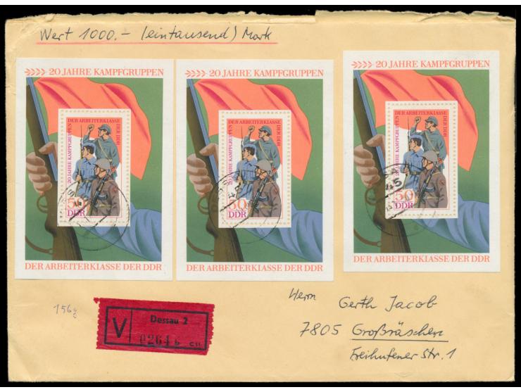 3 x  Block 39  "Kampftruppen" als seltene  Mehrfachfrankatur  auf Wertbrief 1000 Mk. von Dessau 1.11.80  nach Großräschen, po