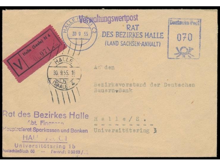 Verwaltungswertpost-Ortsbrief  mit blauem Absenderfreistempel "Rat des Bezirkes Halle ...",  Halle (Saale) C 2  30.9.55, Wert