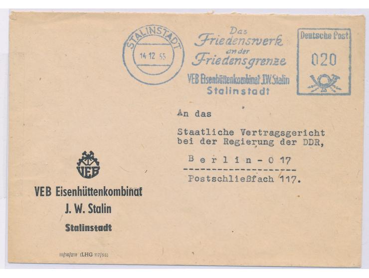 blauer Absenderfreistempel &nbsp;Stalinstadt &nbsp;14.12.55 &quot;Das Friedenswerk an der Friedensgrenze / VEB Eisenhüttenkom