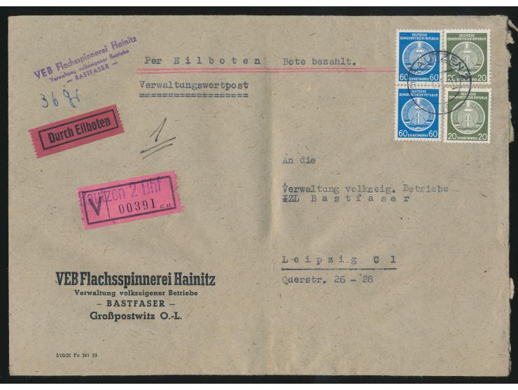 Verwaltungswertpost: &nbsp;Eilboten-Wertbrief 2. Gewicht mit Dienstmarken-Frankatur 2 x 20 Pf. und 2 x 60 Pf. (Gewichtsangabe