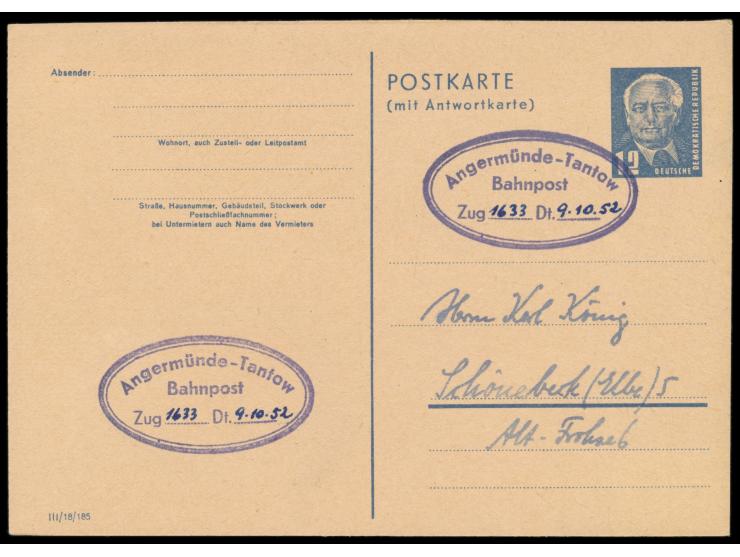 seltener Ganzsachen-Frageteil 12 Pf. Pieck ohne Postleitzahlkreise und  mit verkürzter 3. bis 5. Anschriftenzeile, Bahnpost-N