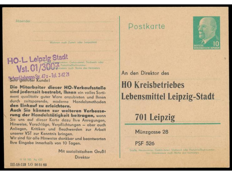 Ganzsache 10 Pf. Ulbricht mit  Zudruck  "An den Direktor des HO Kreisbetriebes Lebensmittel Leipzig-Stadt ...", Druckvermerk 