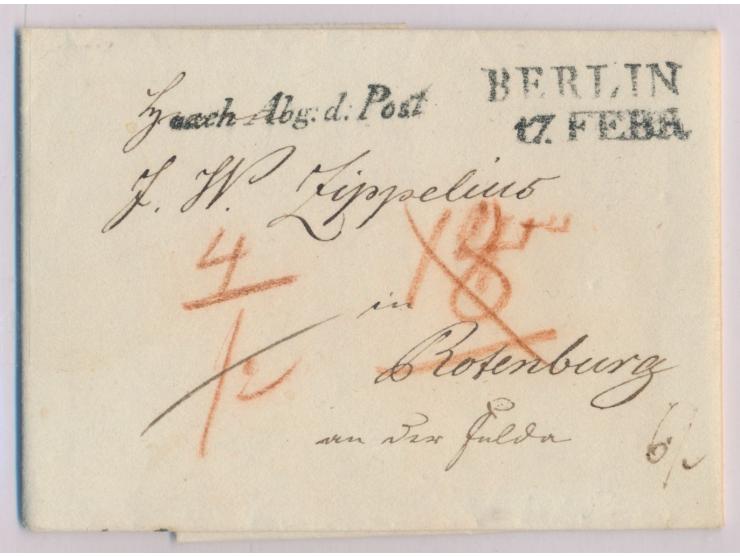 L2 &nbsp;Berlin / 17. Febr. &nbsp;und L1 &nbsp;&quot;nach Abg. d. Post&quot; &nbsp;auf Faltbrief nach Rotenburg an der Fulda,
