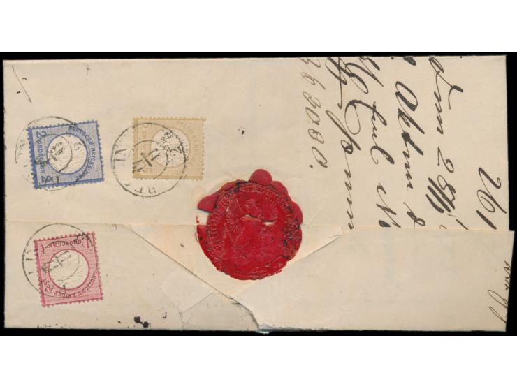 Brustschild  1 Gr., 2 Gr. und 5 Gr. (1 kurzer Zahn) rückseitig auf  Paketbegleitbrief  (Faltbriefhülle) mit als Entwertung se