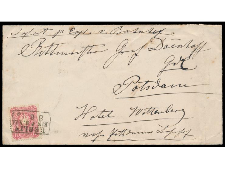 seltener R3  Berlin Eis. P. B. No. I.  8.6. auf Brief mit 10 Pf. nach Potsdam, Ankunftstempel 8.6.80
Stichwort: Bahnpost
