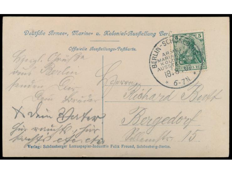Berlin-Schöneberg Armee-, Marine und Kolonial-Ausstellung:  zwei Ausstellungs-Ansichtskarten, Frankatur 5 Pf. und jeweils sau