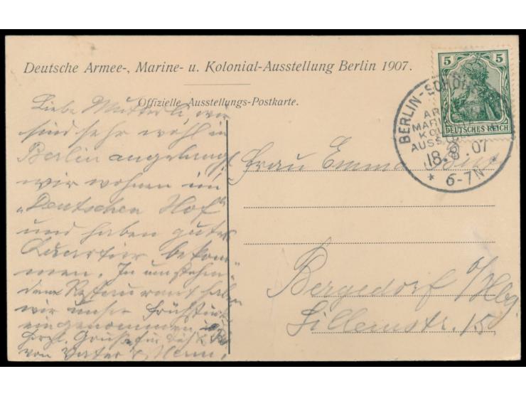 Berlin-Schöneberg Armee-, Marine und Kolonial-Ausstellung:  zwei Ausstellungs-Ansichtskarten, Frankatur 5 Pf. und jeweils sau
