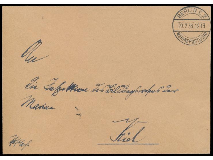 Stempel  Berlin C 2 Marinepostbüro  20.2.33 auf Brief "Postsache2 nach Kiel, rückseitig Negativ-Dienstsiegel Deutsches Postam