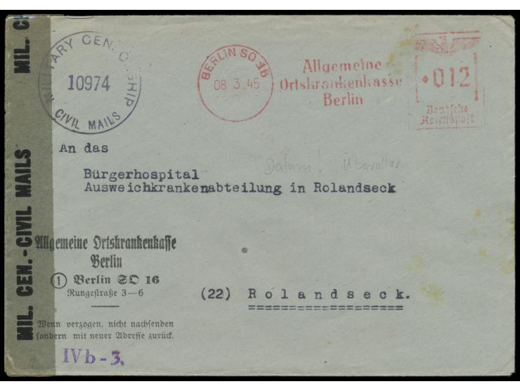 Absenderfreistempel  Allgemeine Ortskrankenkasse Berlin,   Berlin SO 16 8.3.45, Adlerkopf-Wertrahmen 012 Pf., Brief nach Rola