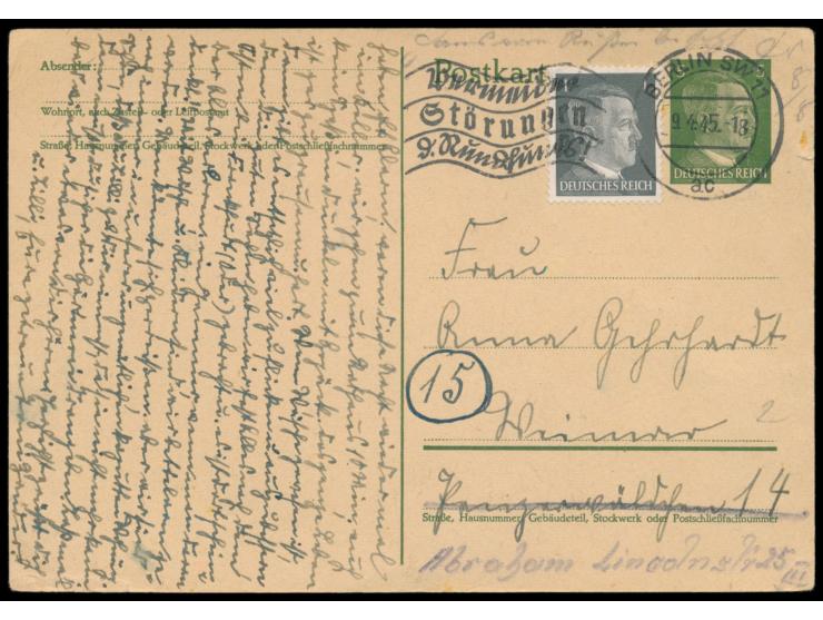 Ganzsache 5 Pf. Hitler mit Zusatzfrankatur 1 Pf., Maschinenstempel  Berlin SW 11  9.4.45, nach Weimar, erst nach der Besetzun