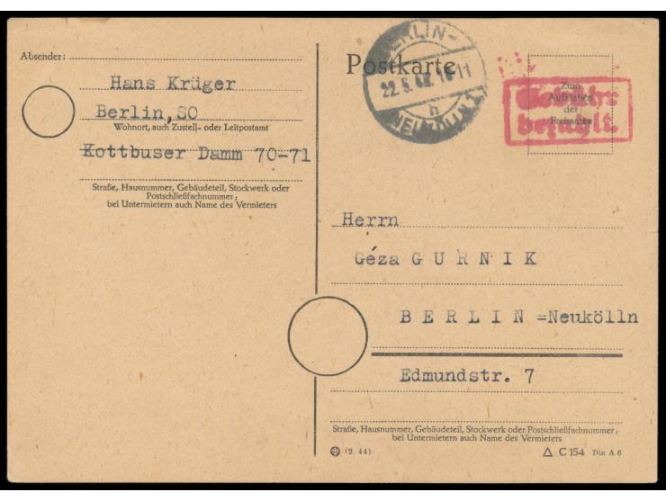 Stempel  Berlin-Neukölln 1 h  22.5.45 und roter R2  Gebühr bezahlt  auf Postkarte (C 154-Formular) innerhalb Berlin-Neuköllns