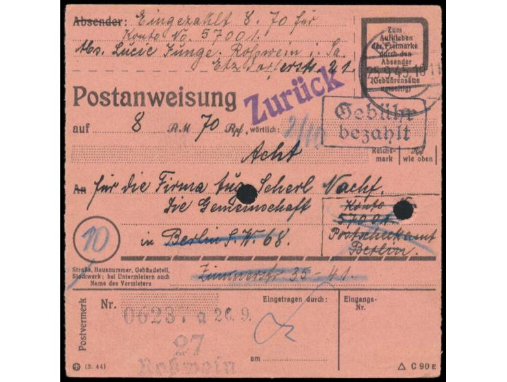 Postanweisung  auf 8 RM mit Stempel  Roßwein  25.9.45 und R2 Gebühr bezahlt nach Berlin SW 68, Ankunftstempel 1.10.45, L1  Zu