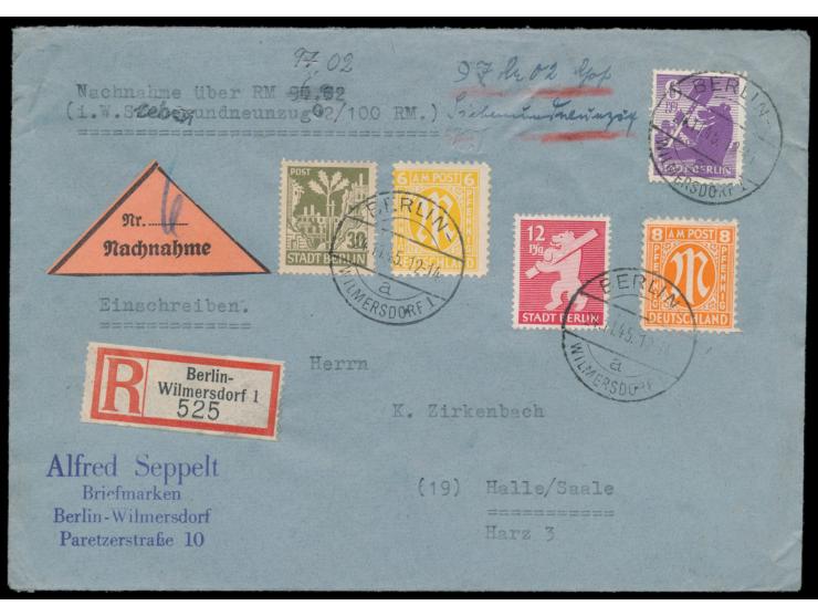 Mischfrankatur 6, 12 und 30 Pf. Bär mit  AM-Post 6 und 8 Pf.  auf  Einschreiben-Nachnahme-Brief  nach Halle / Saale, Stempel 