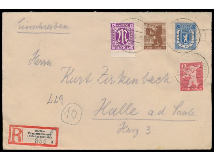 Mischfrankatur 10, 12 und 20 Pf. Bär mit  AM-Post 12 Pf.  auf  Einschreibbrief  nach Halle / Saale, Stempel  Berlin-Charlotte