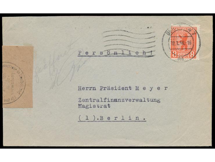 8 Pf. Bär auf Ortsbrief mit Maschinenstempel Berlin NW 7 12.1.46 an den Präsidenten der Zentralfinanzverwaltung des Magistrat