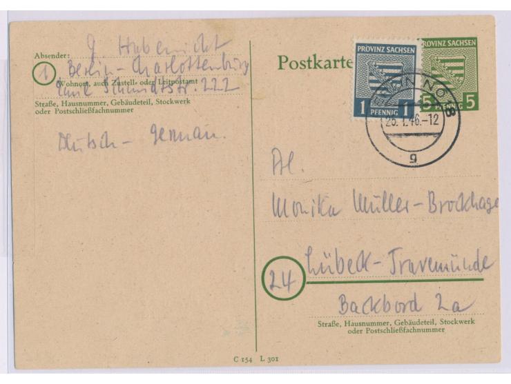 Provinz Sachsen-Ganzsache 5 Pf.  mit Zusatzfrankatur 1 Pf. als seltene Verwendung in Berlin, Stempel  Berlin NO 18  25.1.46, 