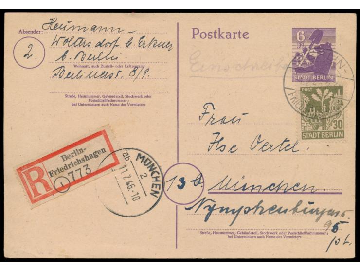 Ganzsache 6 Pf. mit Zusatzfrankatur 30 Pf. als  Einschreiben  nach München, Stempel  Berlin-Friedrichshagen  1.2.46, Ankunfts