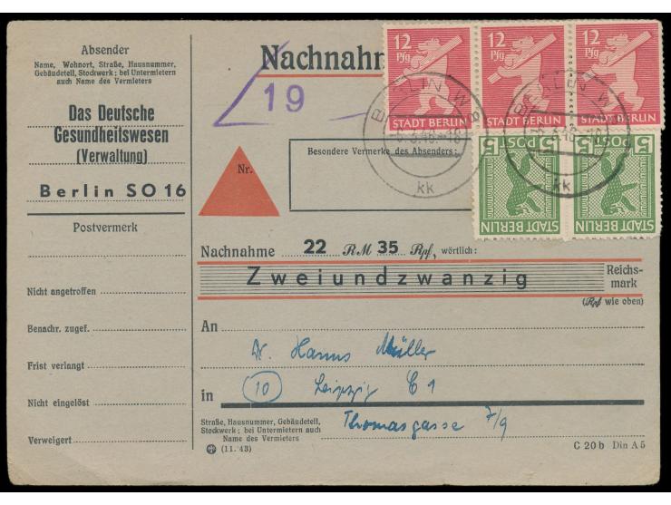 2 x 5 Pf. und 3 x 12 Pf. (eine Marke Zähnung durch Randklebung bestoßen) auf Vordruckkarte für eine  Nachnahme-Drucksache  mi