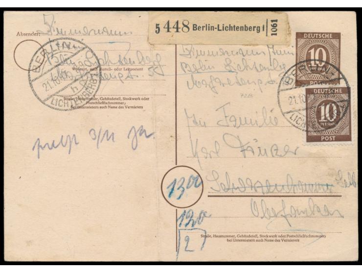 Ganzsache 10 Pf. Ziffer  mit Zusatzfrankatur 10 Pf. Ziffer und 1 M. Taube (diese rückseitig) als  Notpaketkarte  mit Stempel 