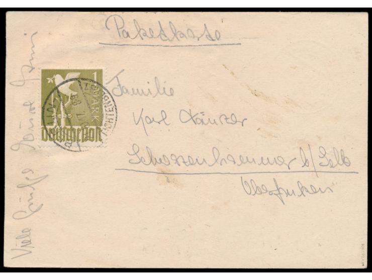 Ganzsache 10 Pf. Ziffer  mit Zusatzfrankatur 10 Pf. Ziffer und 1 M. Taube (diese rückseitig) als  Notpaketkarte  mit Stempel 