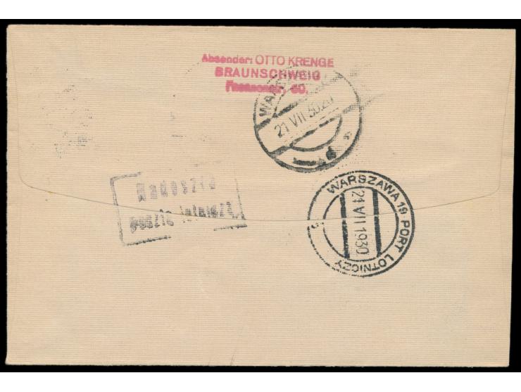 Erstflug Breslau - Warszawa  21.7.1930, Brief mit Dt. Reich 20 Pf. und 25 Pf., Stempel  Breslau Flughafen  21.7.30, Ankunftst