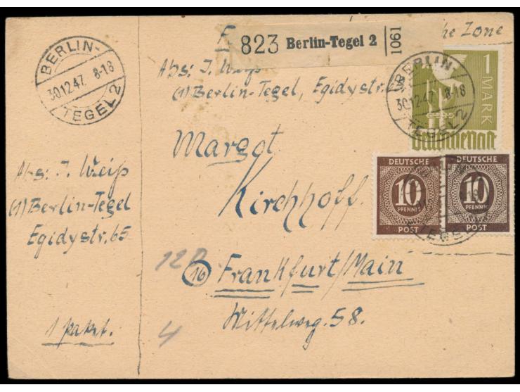 2 x 10 Pf. Ziffer und 1 M. Taube auf Firmenkarte der Volksfürsorge als  Notpaketkarte,  Stempel  Berlin-Tegel 2  30.12.47, fü
