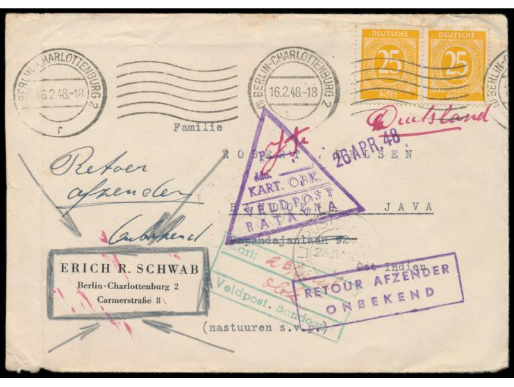 Auslandsbrief mit 2 x 25 Pf. Ziffer gelb nach Bandoeng auf Java, Maschinenstempel Berlin-Charlottenburg 2 16.2.48, rückseitig