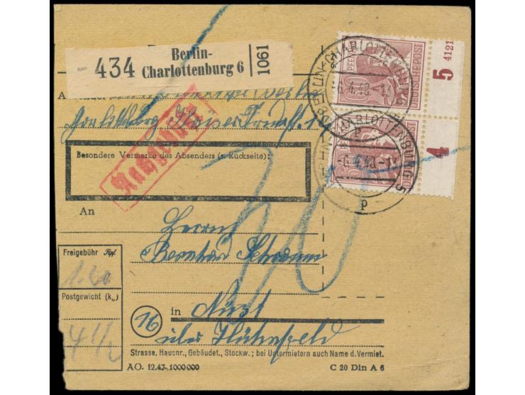 2 x 60 Pf. Arbeiter auf  Paketkarte  aus West-Berlin mit Stempel  Berlin-Charlottenburg 6  6.4.48 nach Nüst bei Hünfeld, Anku