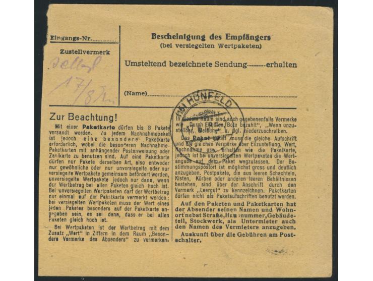 2 x 60 Pf. Arbeiter auf  Paketkarte  aus West-Berlin mit Stempel  Berlin-Charlottenburg 6  6.4.48 nach Nüst bei Hünfeld, Anku