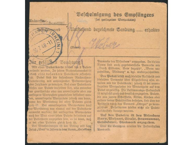 3 x 60 Pf. Arbeiter auf  Selbstbucher-Paketkarte  aus West-Berlin mit Stempel  Berlin-Neukölln 1  14.4.48 nach Ludwigshafen, 