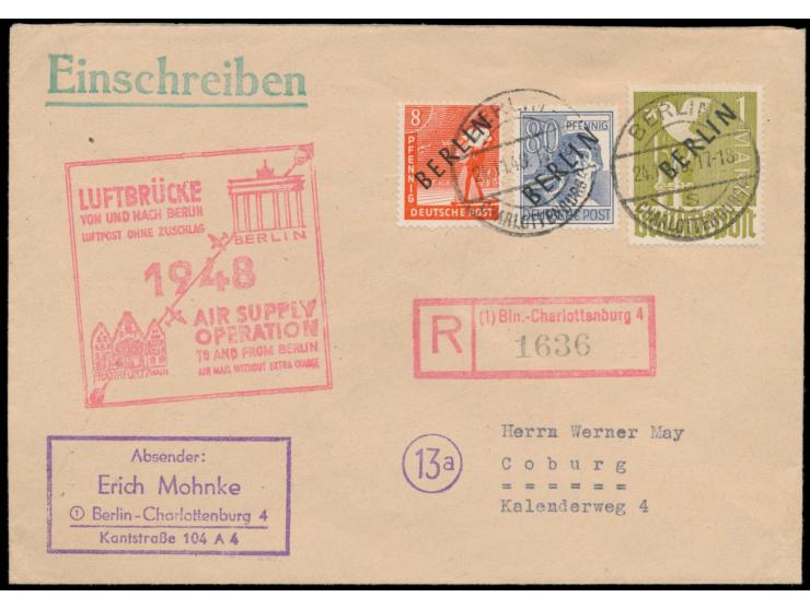 Schwarzaufdruck &nbsp;8 Pf. bis 1 M. (ohne 10 Pf.) auf 3 &nbsp;Einschreibbriefen &nbsp;mit Stempel Berlin-Charlottenburg 4 24