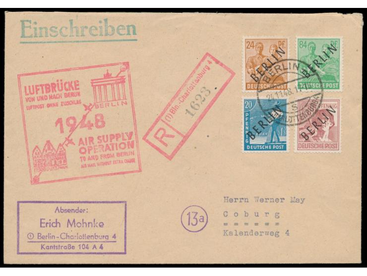 Schwarzaufdruck &nbsp;8 Pf. bis 1 M. (ohne 10 Pf.) auf 3 &nbsp;Einschreibbriefen &nbsp;mit Stempel Berlin-Charlottenburg 4 24