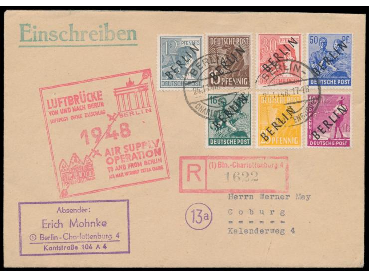 Schwarzaufdruck &nbsp;8 Pf. bis 1 M. (ohne 10 Pf.) auf 3 &nbsp;Einschreibbriefen &nbsp;mit Stempel Berlin-Charlottenburg 4 24
