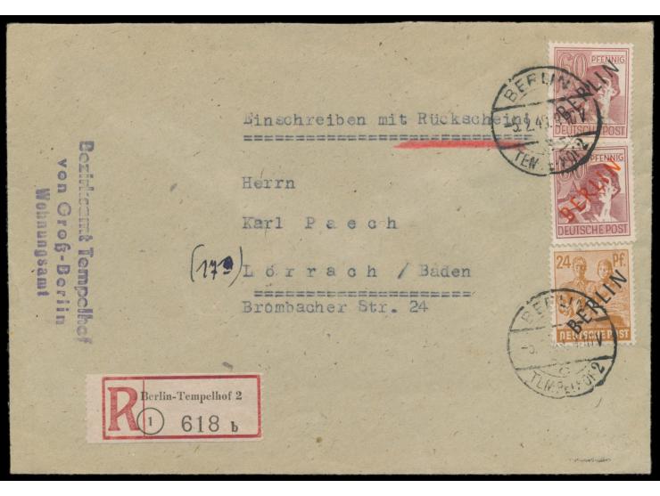 Mischfrankatur  Schwarzaufdruck  24 Pf. und 60 Pf. und  Rotaufdruck  60 Pf. auf  Einschreiben-Rückschein-Brief,  Stempel Berl