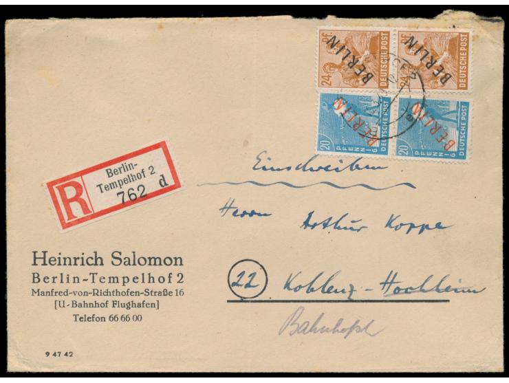 2 x 24 Schwarzaufdruck mit 2 x 20 Pf. Rotaufdruck als  Währungsmischfrankatur  auf Einschreibbrief 2. Gewicht, Stempel Berlin