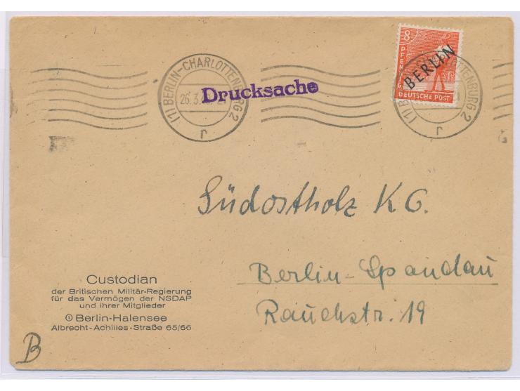 Einzelfrankatur 8 Pf. Schwarzaufdruck auf Orts-Drucksache 2. Gewicht, Maschinenstempel Berlin-Charlottenburg 2 26.3.49, vorde