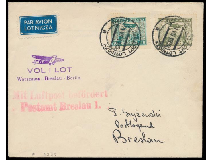 Erstflug Warszawa - Breslau  21.7.1930, Brief mit 16 Gr. und 20 Gr. Flugpost, Stempel  Warszawa 19 Port Lotniczy  21.7.1930, 