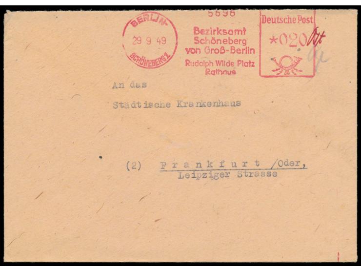 Absenderfreistempel "Bezirksamt Schöneberg von Groß-Berlin", Berlin-Schöneberg 1 29.9.49, Wertangabe 020 Pf. mit  handschrift