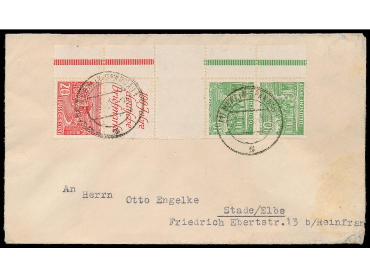 seltener senkrechter  Zusammendruck mit Zwischensteg  10 / Z / R 1a / 20   mit Linksrand auf Brief Berlin Spandau 7.1.50 nach