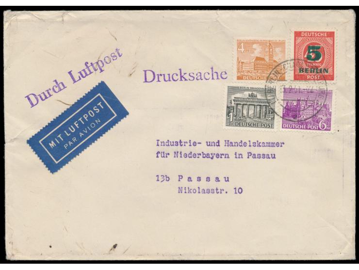 Mischfrankatur Bauten 1, 4 und 6 Pf. mit 5 Pf. Grünaufdruck auf  Luftpost-Drucksache 2. Gewicht  (21 bis 40 g) nach Passau, S