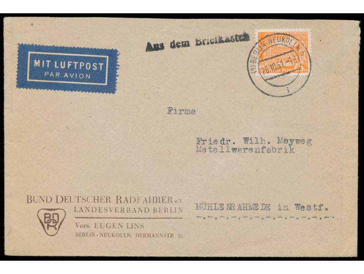 Einzelfrankatur 25 Pf. Bauten auf Luftpostbrief mit Stempel  Berlin-Neukölln 5  28.11.51 und L1  Aus dem Briefkasten  nach We