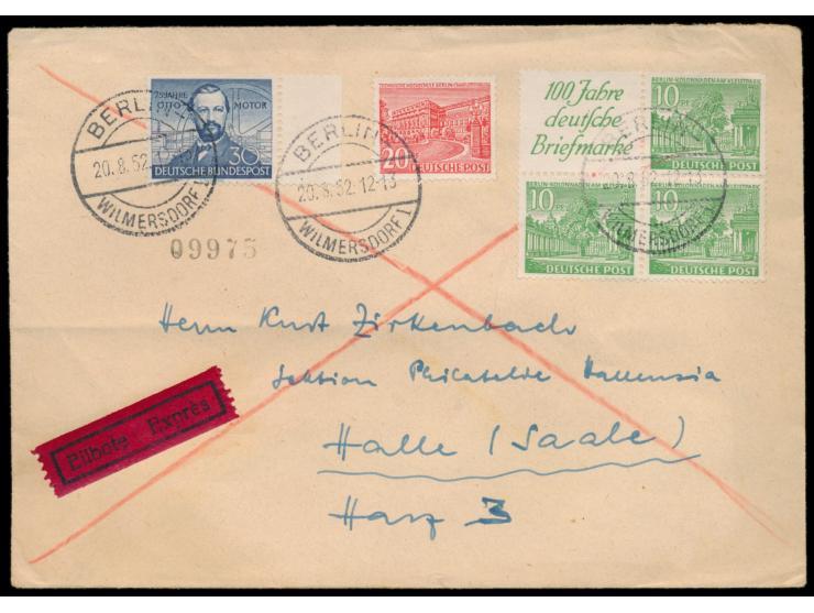 Zusammendruck  10 Pf. mit Reklamefeld "100 Jahre deutsche Briefmarke" im Viererblock und 20 Pf. Bauten und BRD 30 Pf. "Otto-M